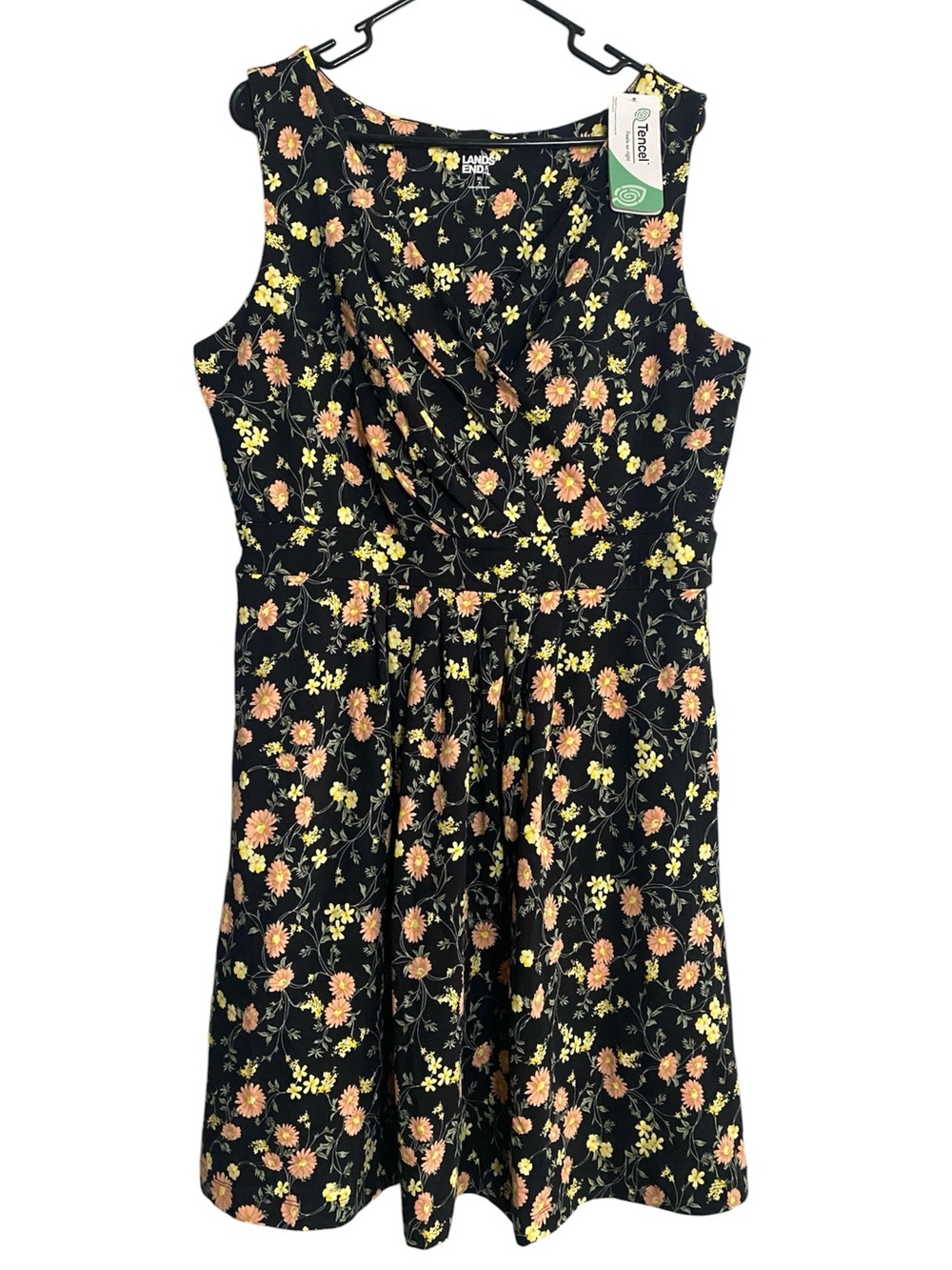 Lands End Ponte Knit Dress Womens XL Black Floral Sleeveless Stretch Knee Length